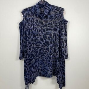Clara Sun Woo Cowl Neck Top Women's 1X Cold Shoulder Asymmetrical Animal Print